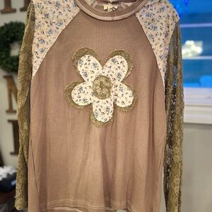 POL Floral Patchwork Top - Brown and Green